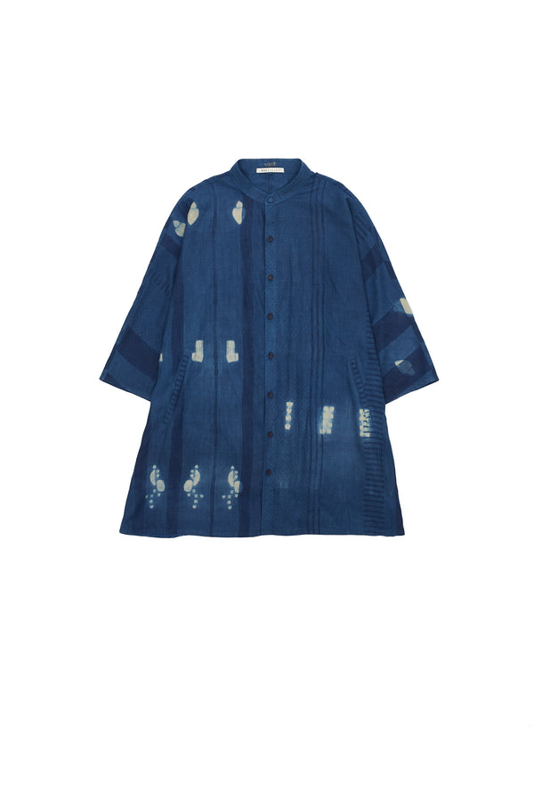 BLOCK PRINT & SHIBORI BAND COLLAR COTTON SILK SHIRT