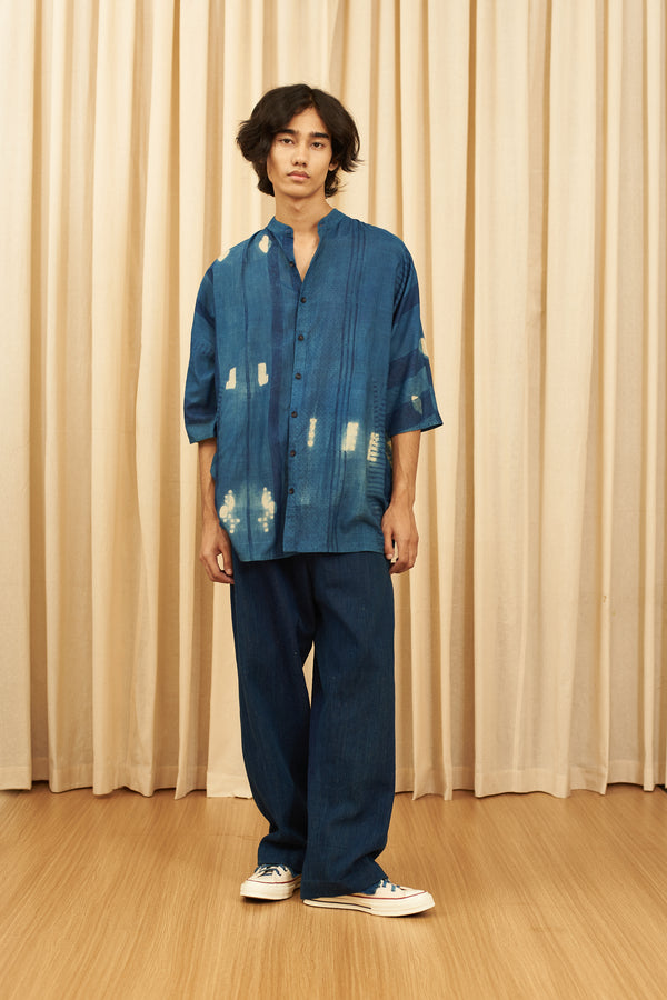BLOCK PRINT & SHIBORI BAND COLLAR COTTON SILK SHIRT