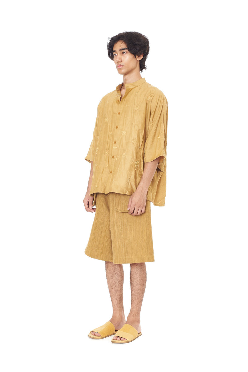 FLAXEN YELLOW SPECKLED ALL OVER BANDHANI BAND COLLAR SHIRT