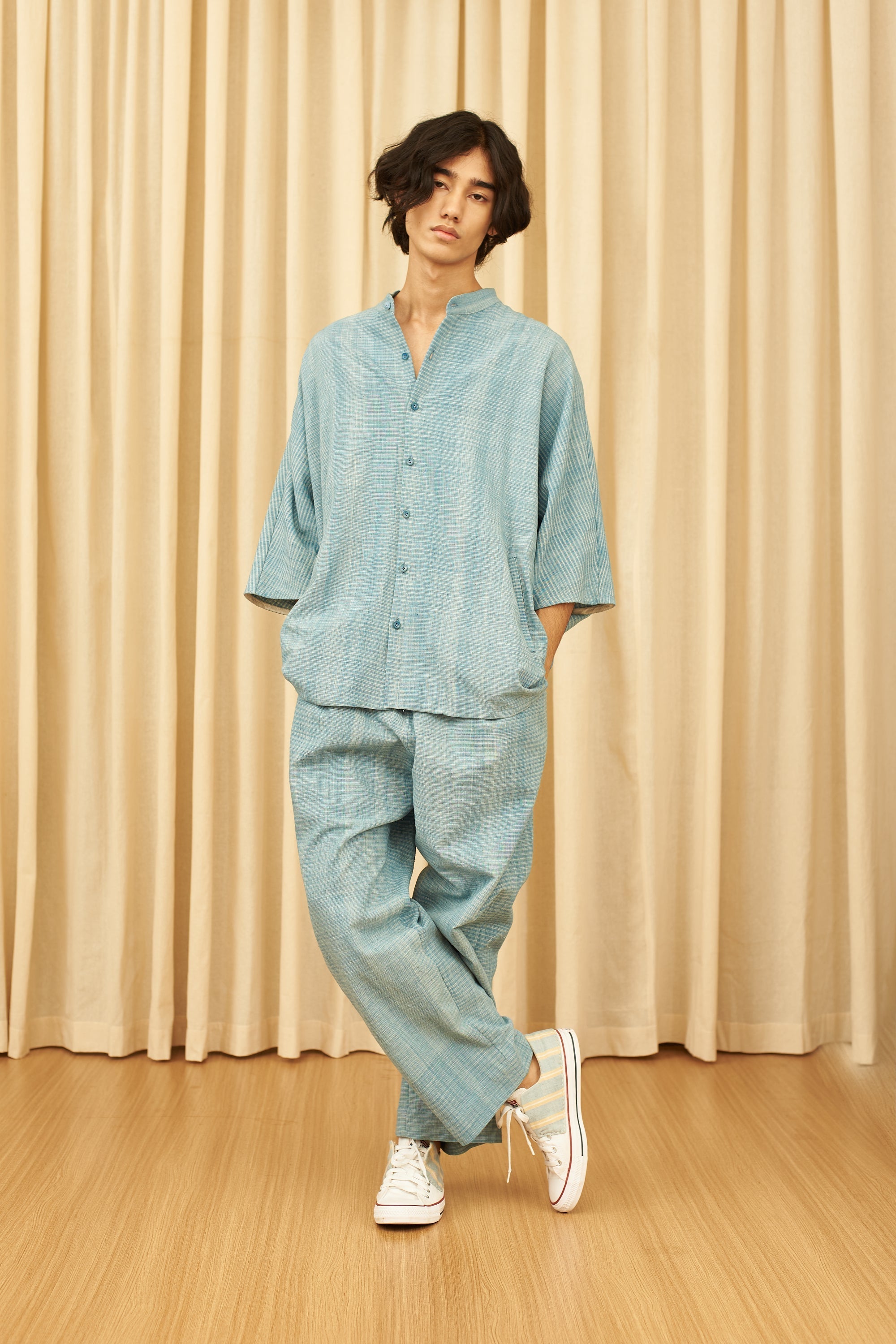 SHADES OF INDIGO CAPE SLEEVE SHIRT