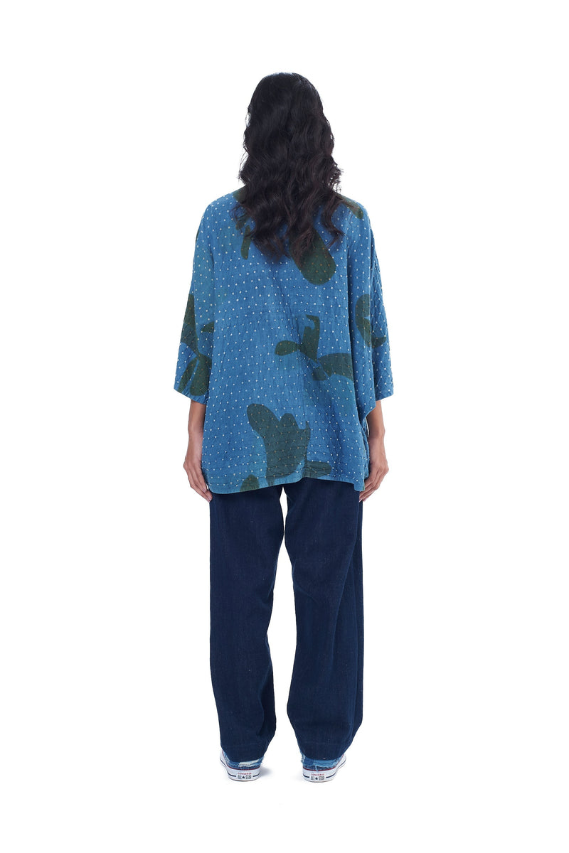 INDIGO SCREEN PRINTED WITH BANDHANI STATEMENT SHIRT