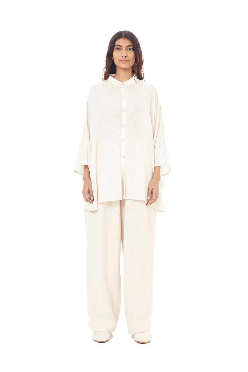 RELAXED FIT BAND COLLAR COTTON SILK SHIRT WITH HAND EMBROIDERED DETAILS