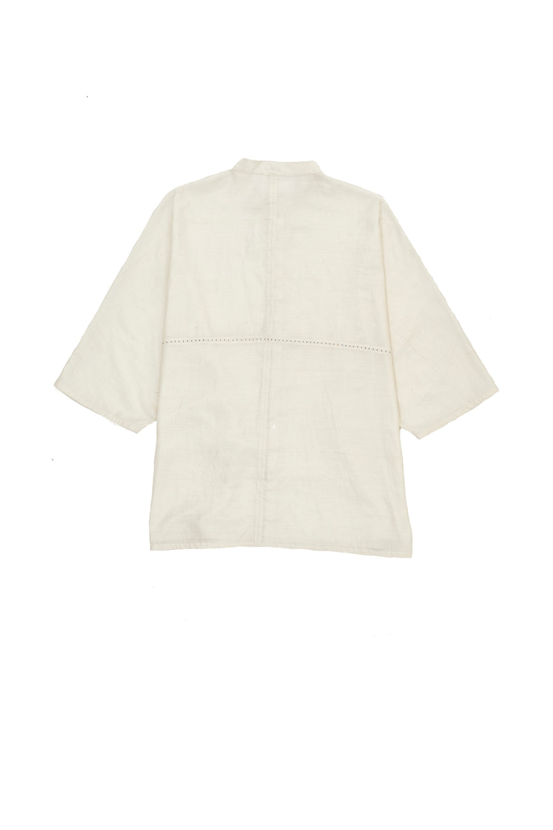 Relaxed Fit Band Collar Cotton Silk Shirt With Hand Embroidered Details