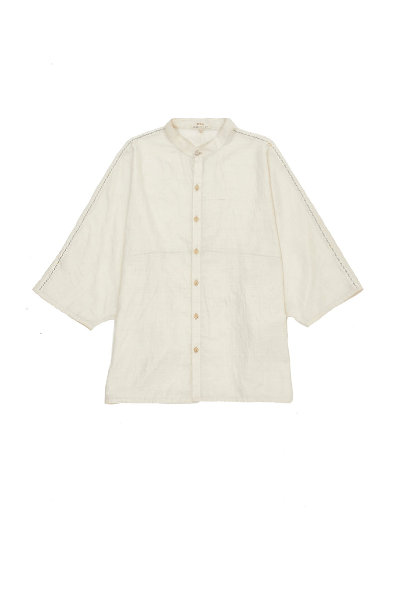 RELAXED FIT BAND COLLAR COTTON SILK SHIRT WITH HAND EMBROIDERED DETAILS
