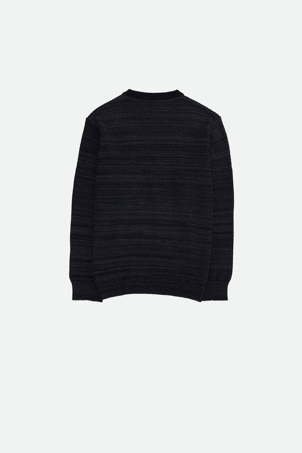 BLACK MERINO WOOL POINTELLE CREW NECK SWEATER