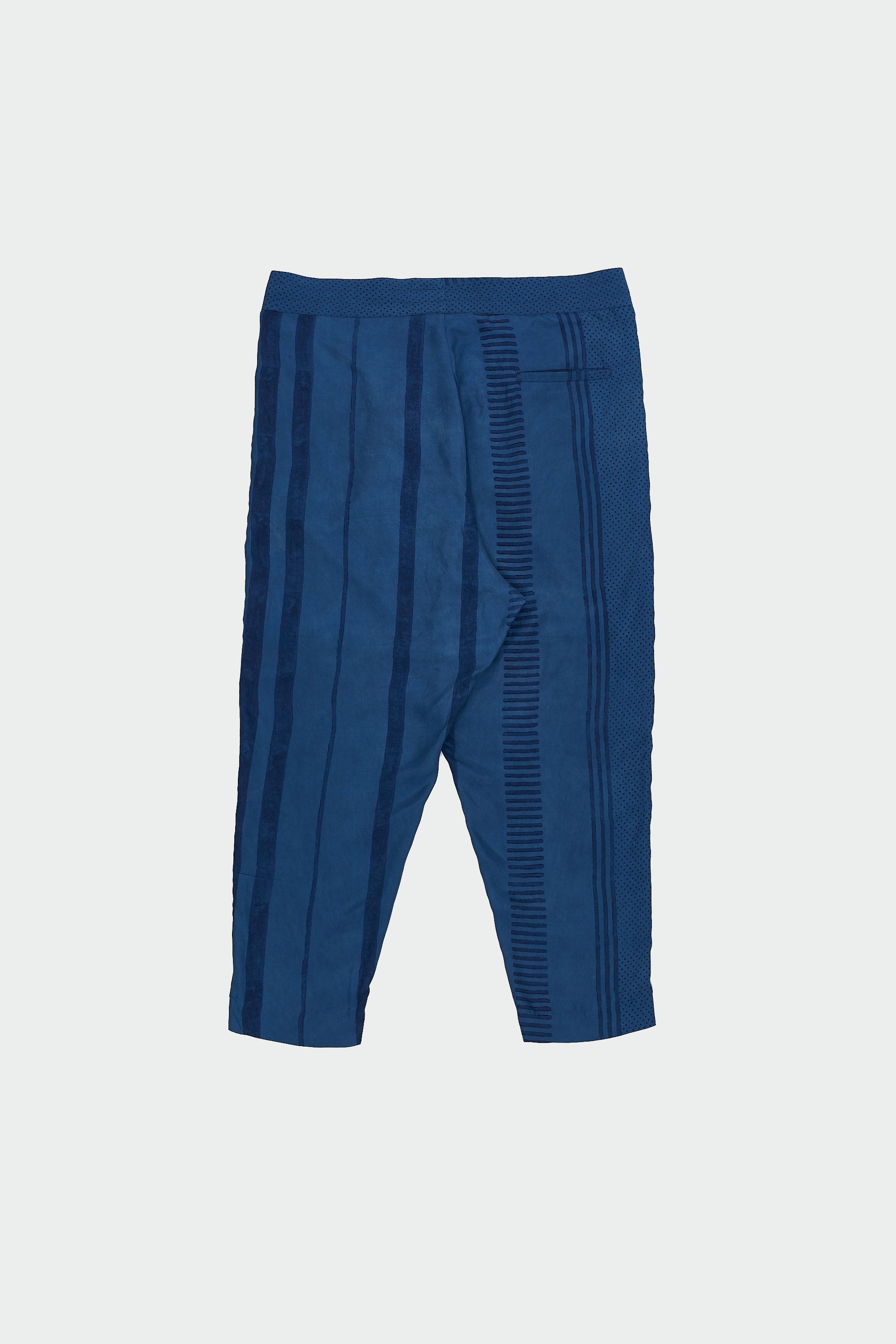 MEDIUM INDIGO BLOCK PRINTED DROP CROTCH TROUSERS