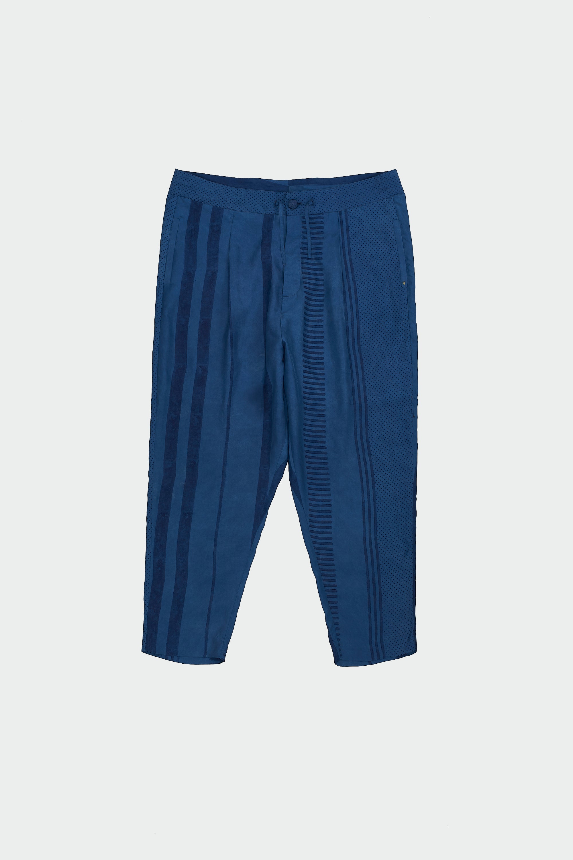 MEDIUM INDIGO BLOCK PRINTED DROP CROTCH TROUSERS