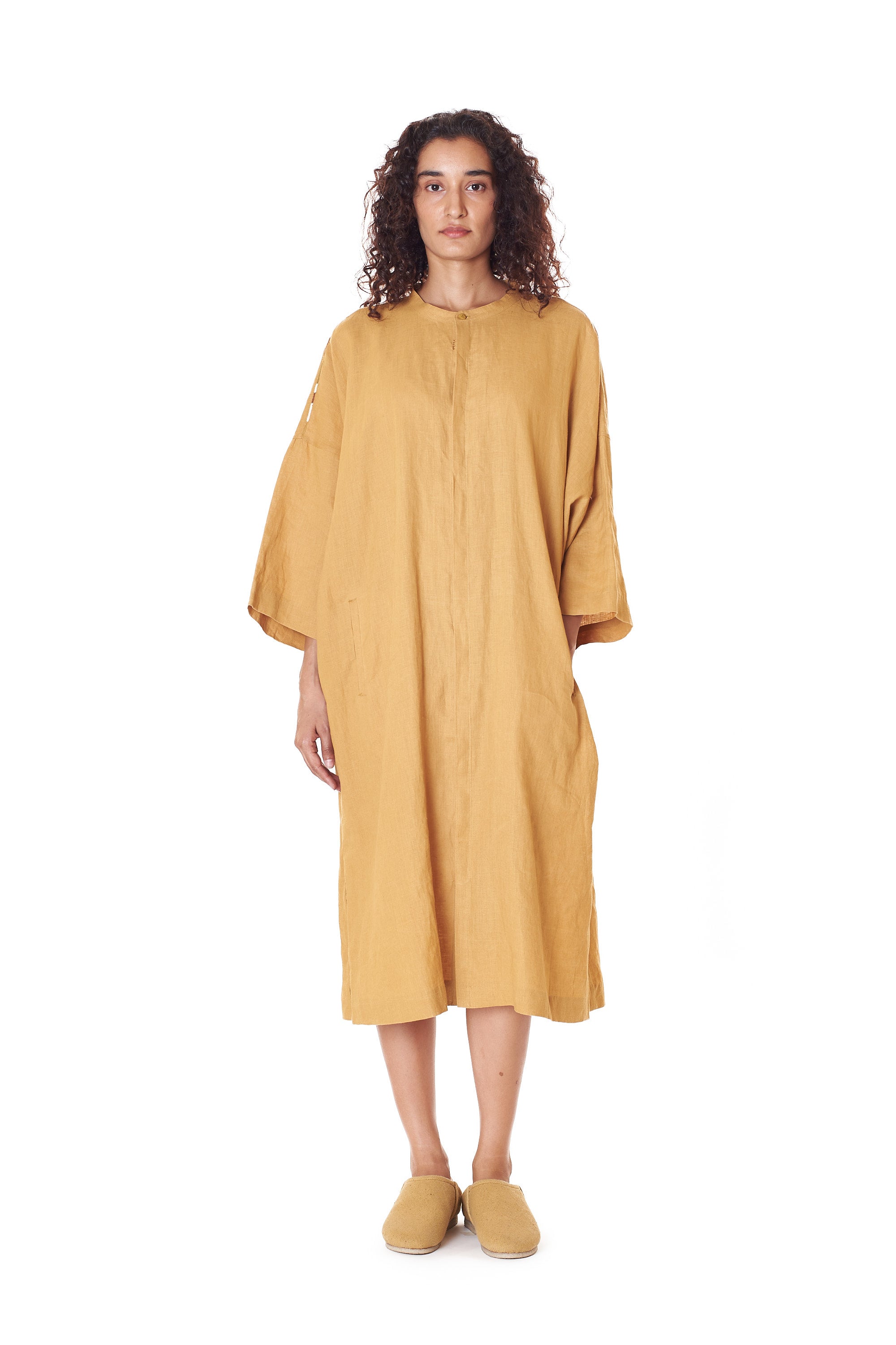 MUSTARD YELLOW STRAIGHT TUNIC DRESS WITH HAND EMROIDERED DETAILS