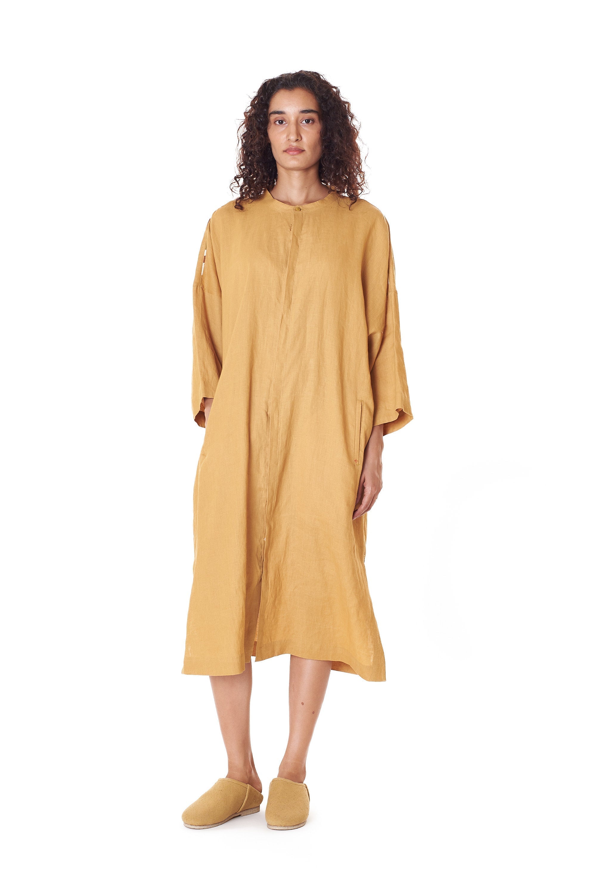 MUSTARD YELLOW STRAIGHT TUNIC DRESS WITH HAND EMROIDERED DETAILS