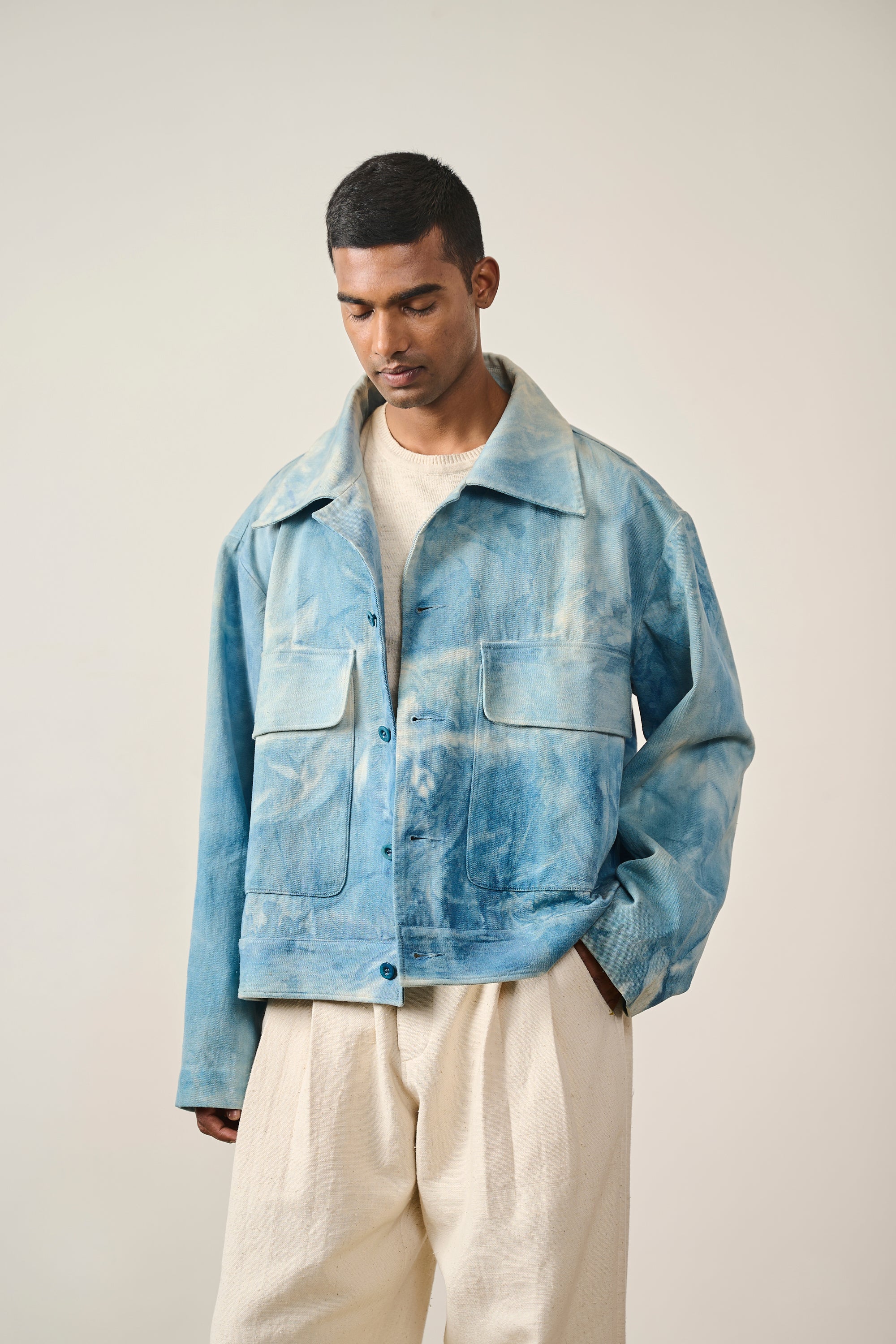 INDIGO WASHED HANDWOVEN DENIM TRUCKER JACKET