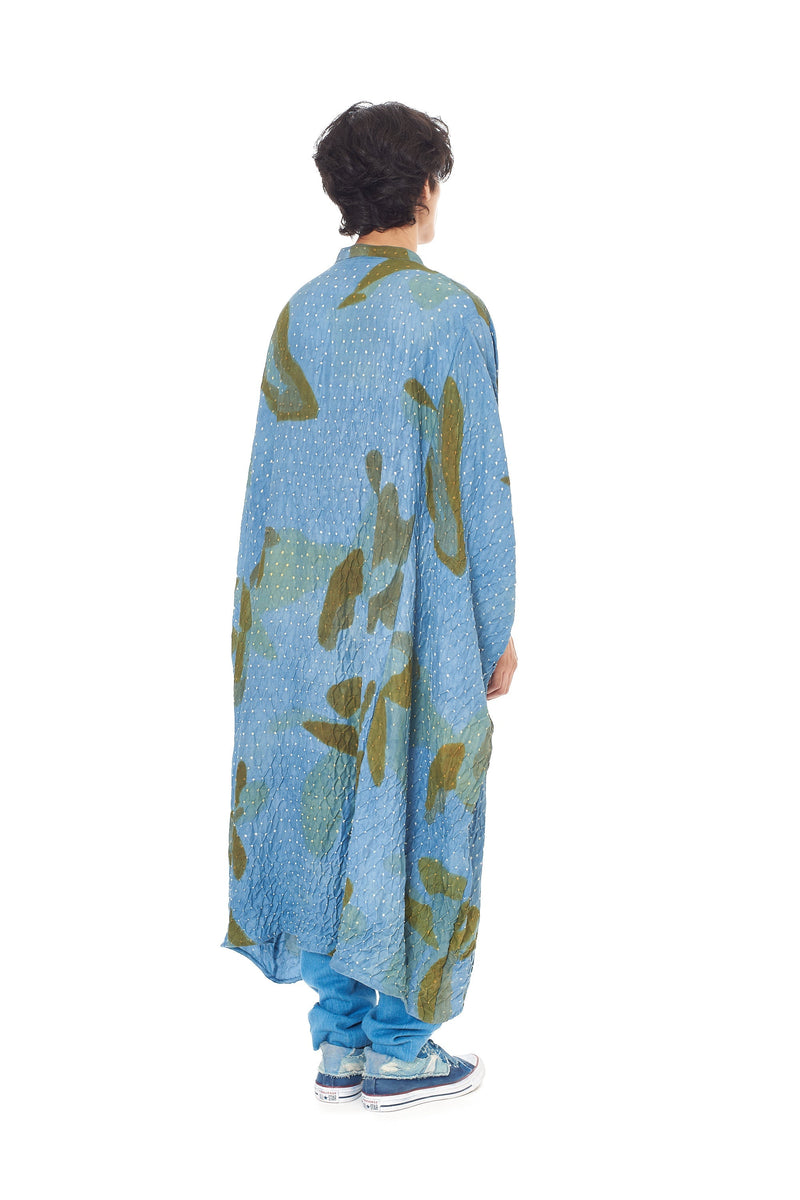 INDIGO SCREEN PRINTED WITH BANDHANI STATEMENT KAFTAN