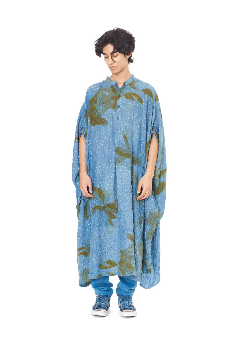 INDIGO SCREEN PRINTED WITH BANDHANI STATEMENT KAFTAN