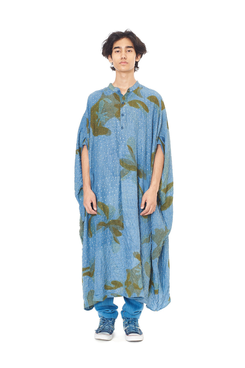 INDIGO SCREEN PRINTED WITH BANDHANI STATEMENT KAFTAN