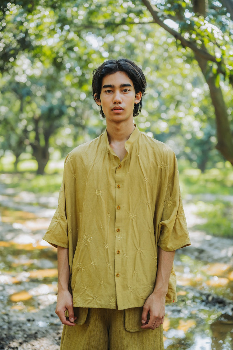 FLAXEN YELLOW BANDHANI BAND COLLAR SHIRT