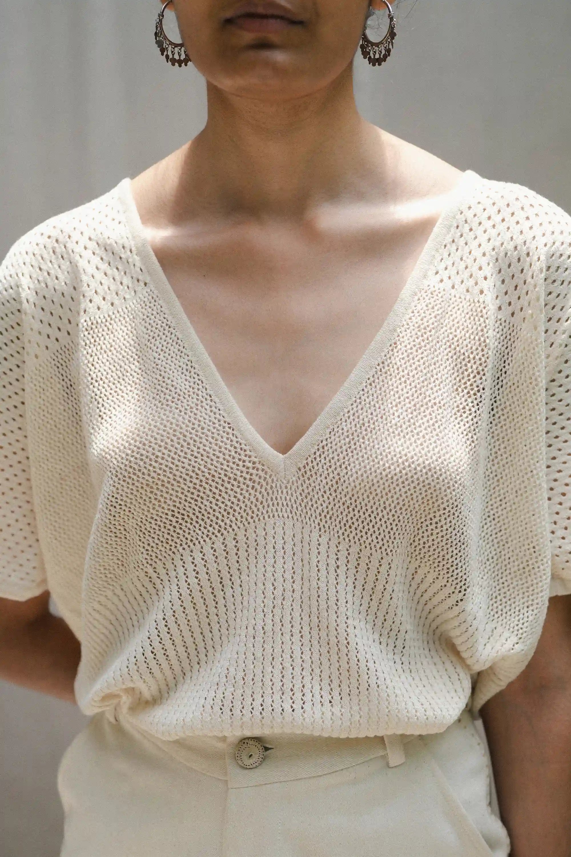 Women Plunge Neck Ecru T-Shirt