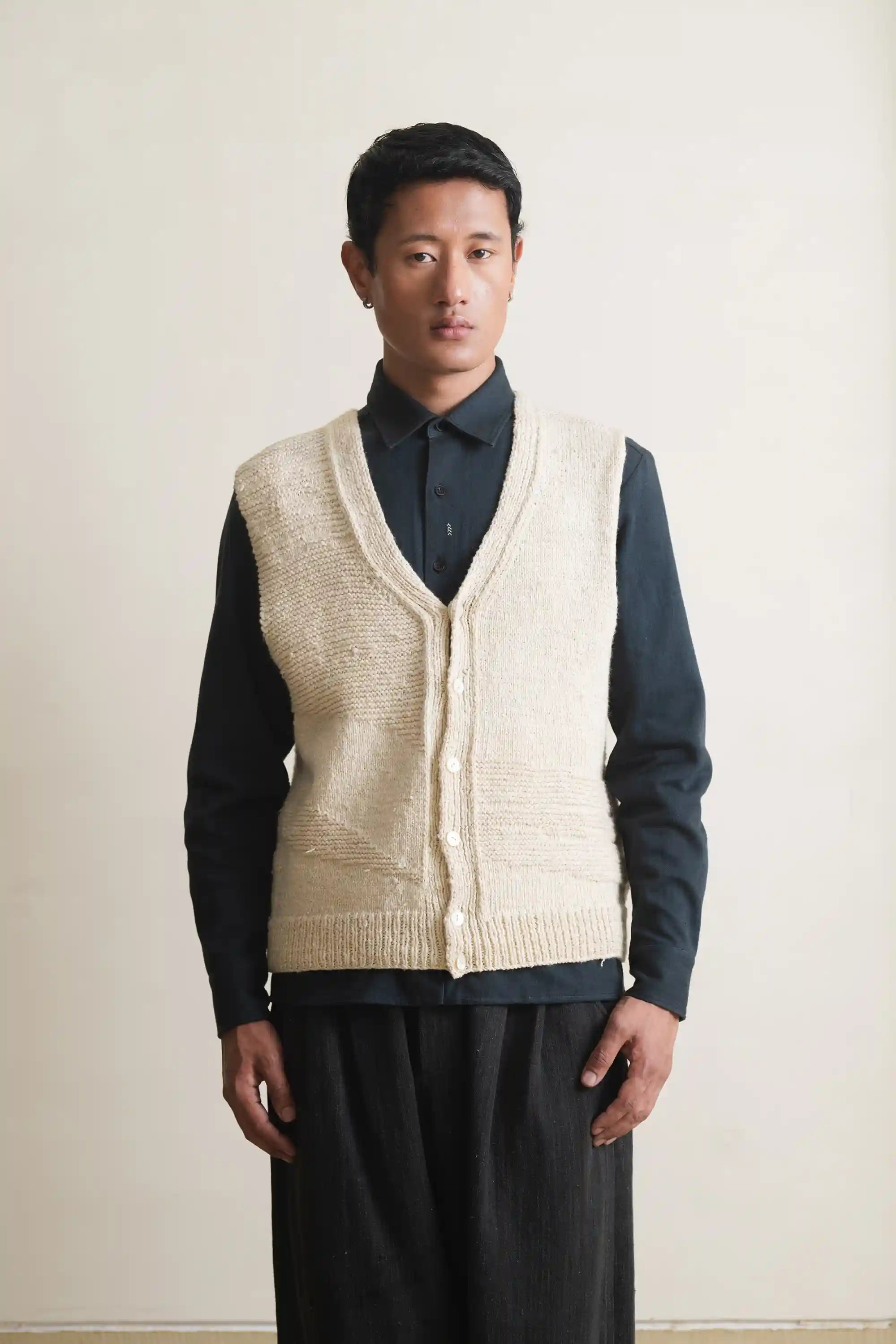 Sleeveless Knitted Cardigan in Ecru