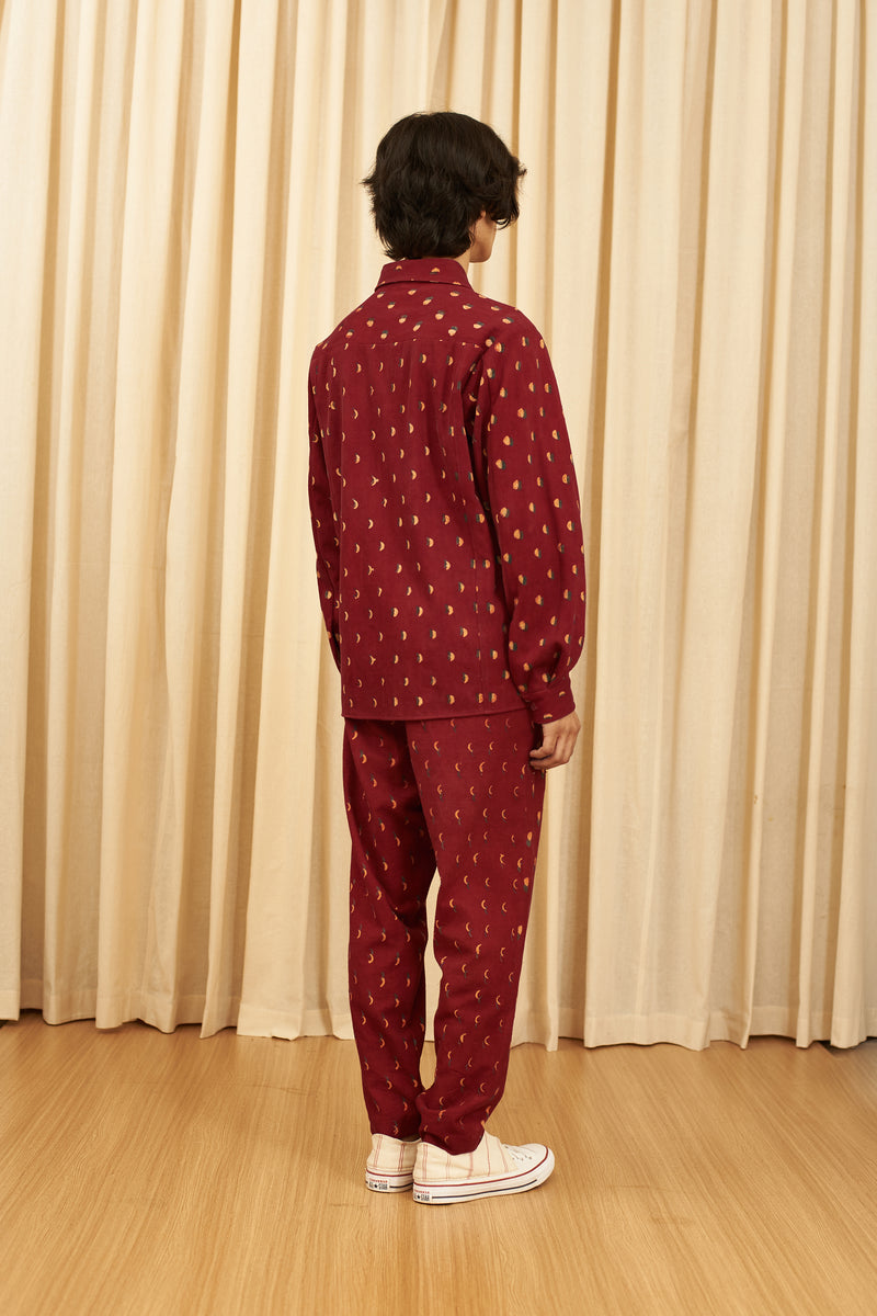 RED BLOCK PRINTED STATEMENT HANDSPUN DENIM JACKET