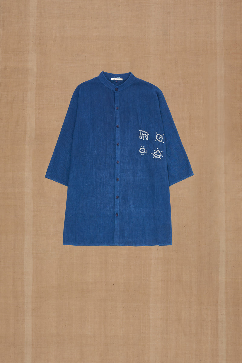 Indigo Kimono Sleeved Organic Cotton Shirt Crafted With Bandhani Motifs