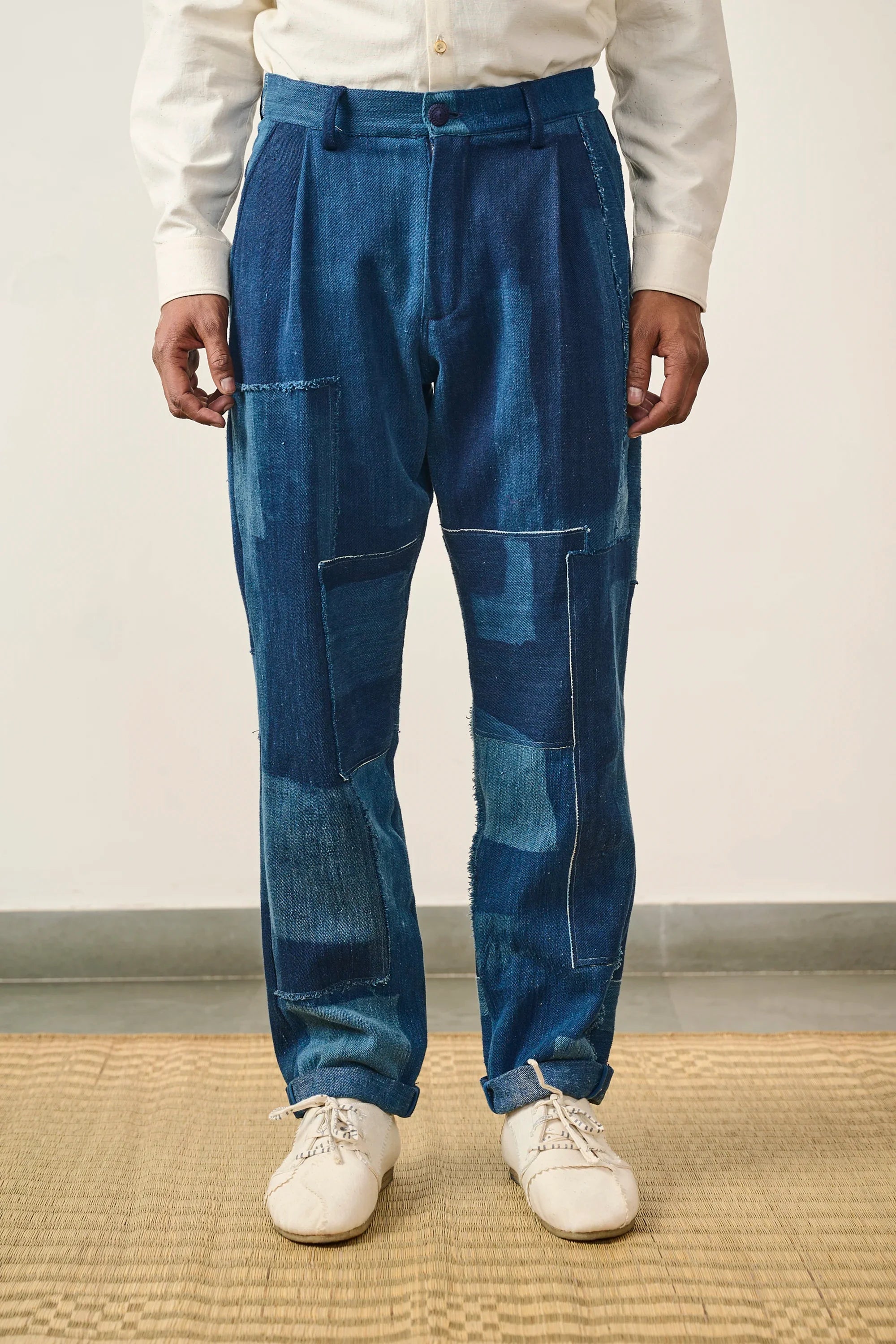 INDIGO PATCHWORK PLEATED TROUSERS