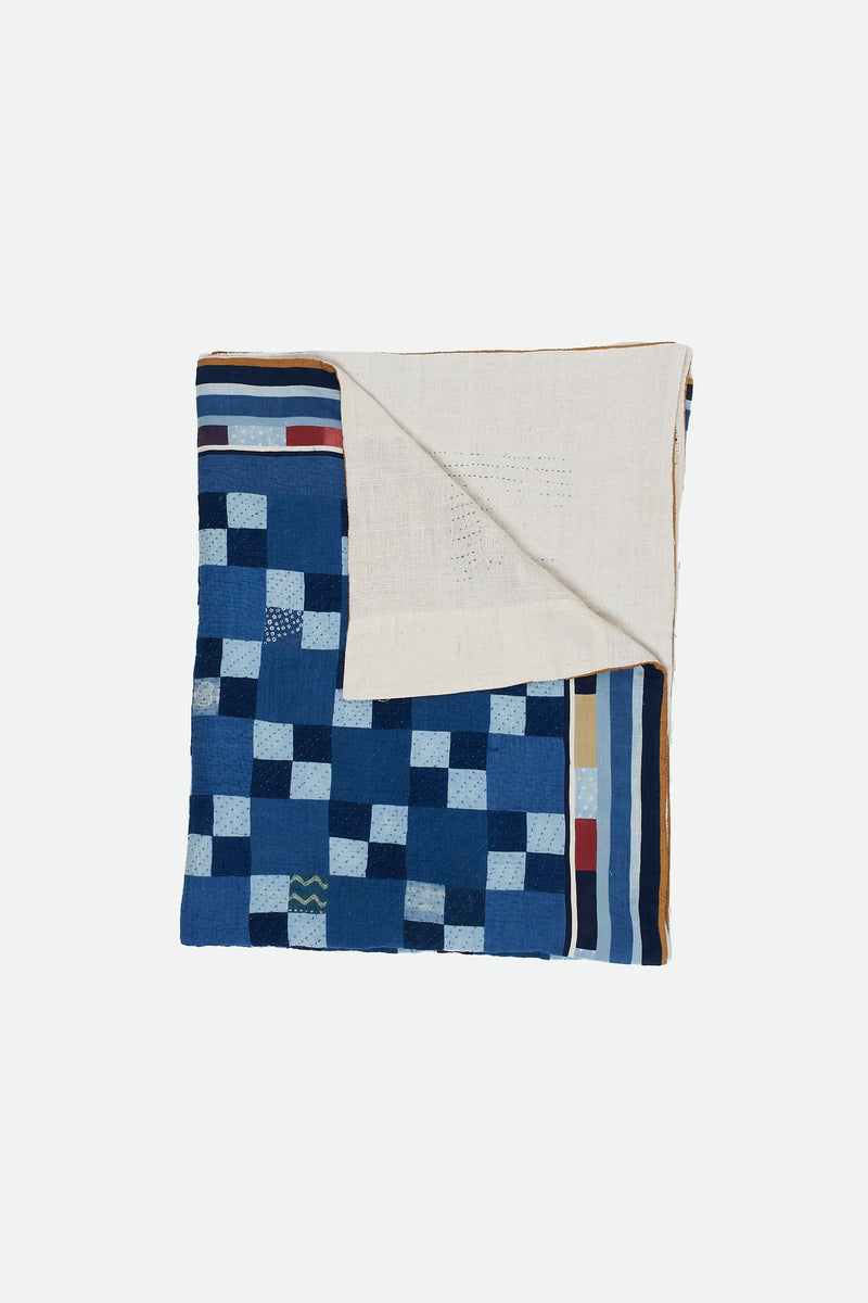 HAND EMBROIDERED PATCHWORK QUILT IN SHADES OF INDIGO