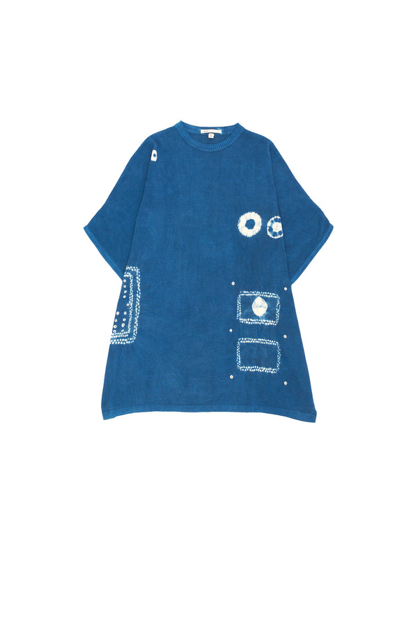 INDIGO COTTON RELAXED FIT KNITTED T-SHIRT WITH HAND EMBROIDERED DETAILS