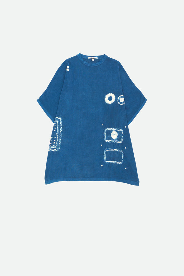 INDIGO ORGANIC COTTON RELAXED FIT KNITTED T-SHIRT WITH SHIBORI DETAILS