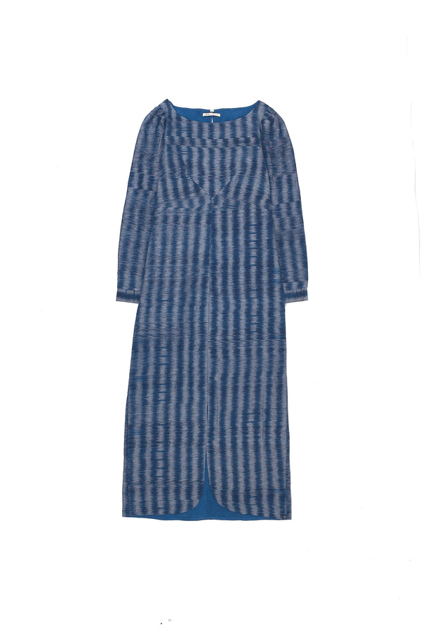 Deep Indigo Striped Ikat Statement Elegant Dress