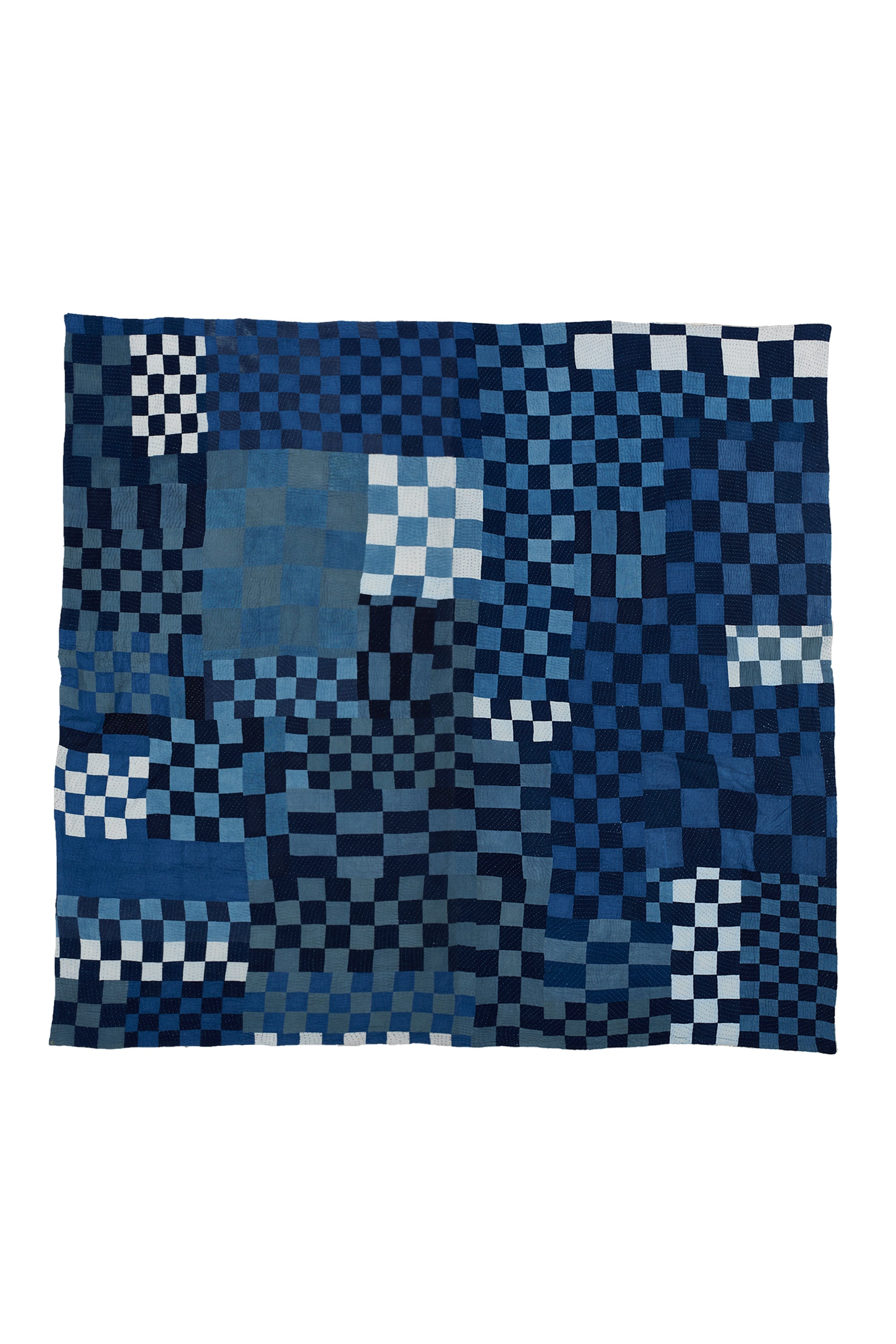 CHEQUERED PATCHWORK CUSHION IN SHADES OF INDIGO