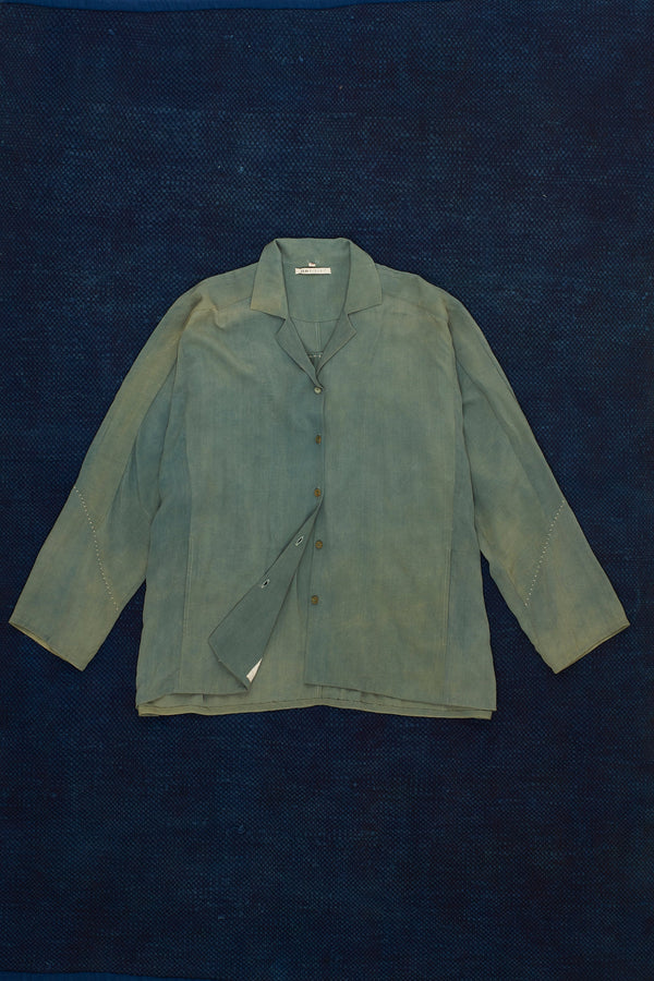NATURAL GREEN NOTCH COLLAR PANELLED SHIRT WITH HAND EMBROIDERED DETAILS