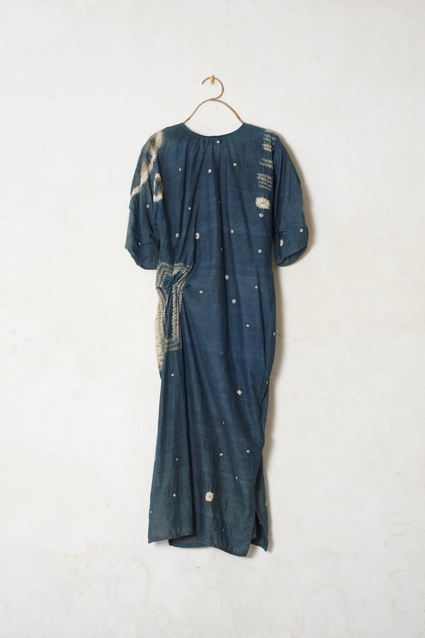 Turquoise Cotton Silk Drape Dress Crafted With An Over All Shibori Pattern