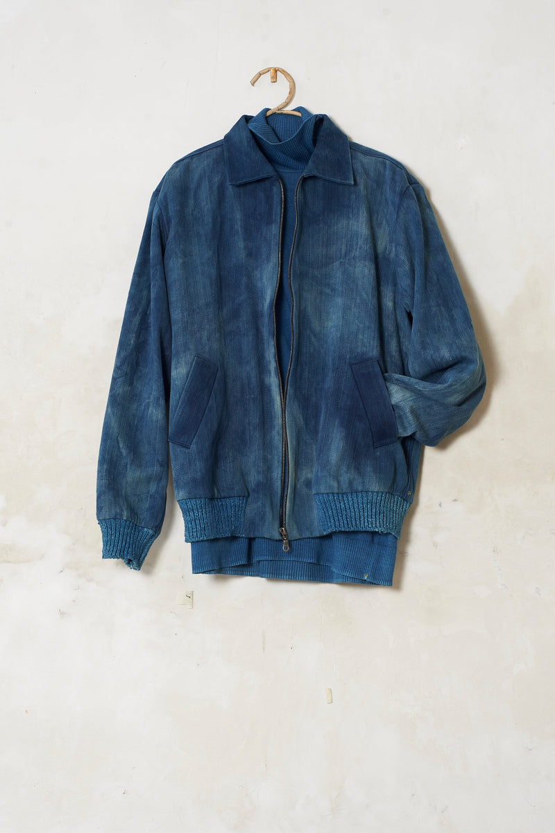 INDIGO WASHED HANDWOVEN DENIM BOMBER JACKET