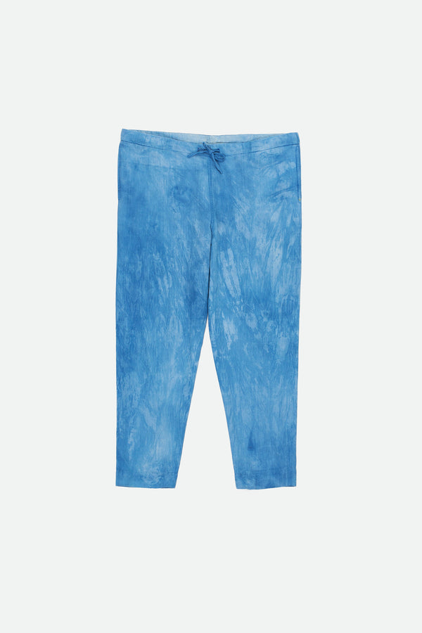 INDIGO-WASHED HANDWOVEN DENIM DRAWSTRING TAPERED PANTS