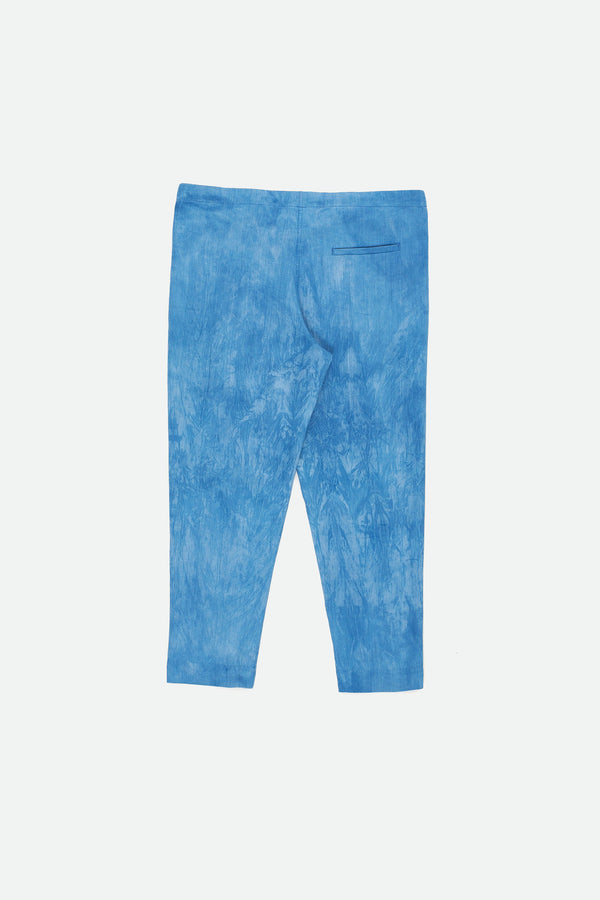 INDIGO-WASHED HANDWOVEN DENIM DRAWSTRING TAPERED PANTS