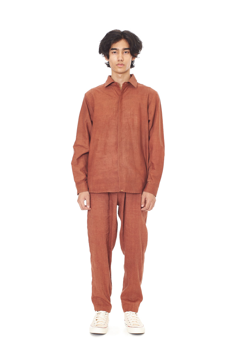 BRICK RED COTTON LINEN DRAWSTRING TROUSERS