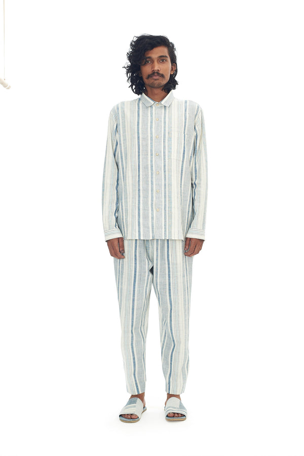 INDIGO STRIPED ORGANIC COTTON DRAWSTRING TAPERED PANTS