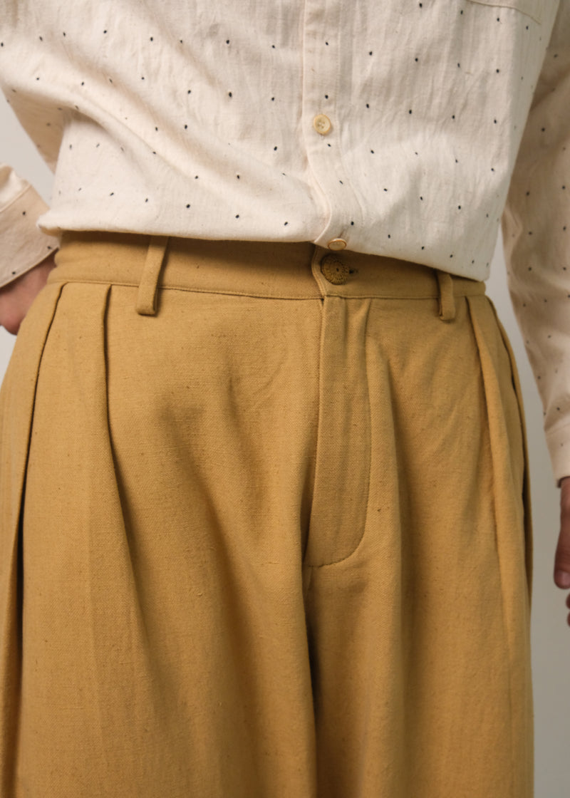 Flaxen Yellow Cotton Pleated Trousers