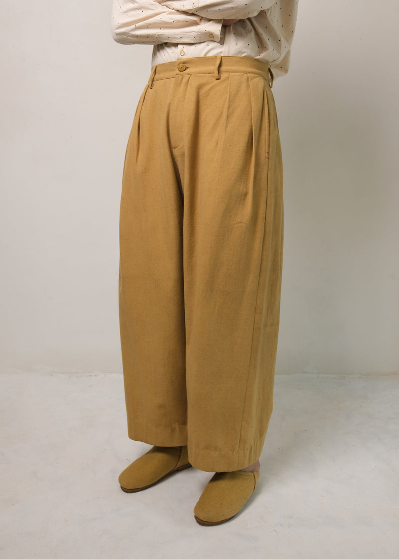 Flaxen Yellow Cotton Pleated Trousers