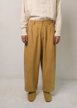 Flaxen Yellow Cotton Pleated Trousers