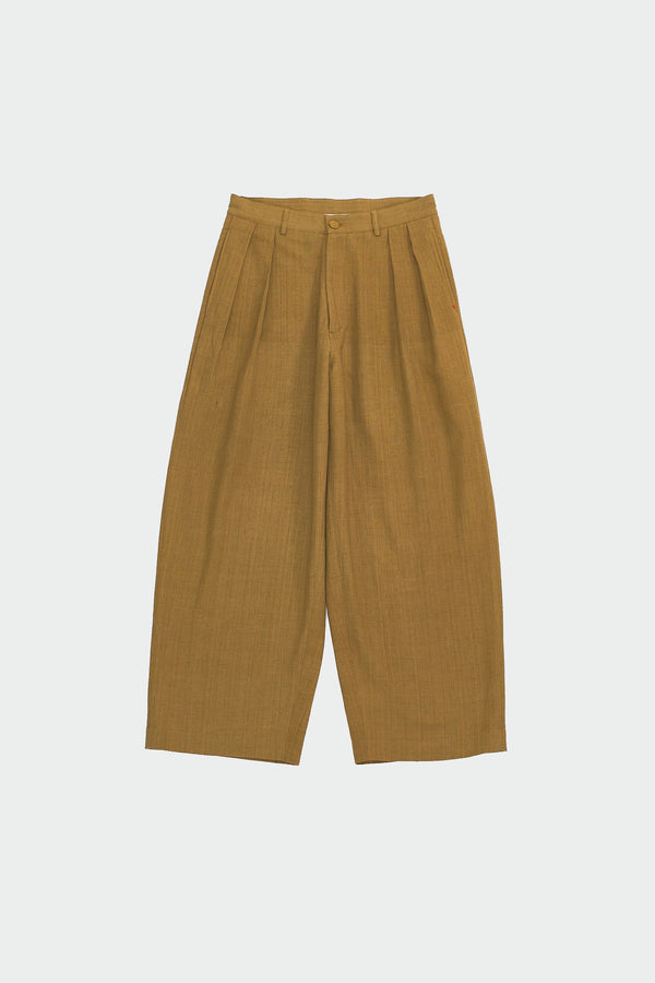 Flaxen Yellow Cotton Pleated Trousers