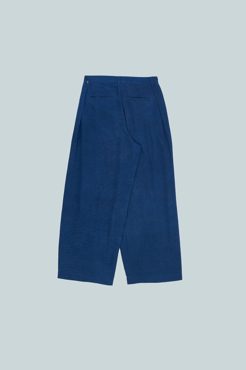 INDIGO PLEATED HANDSPUN COTTON TROUSERS