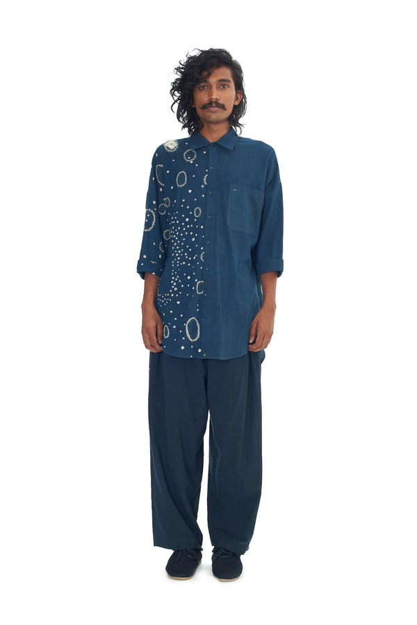 Midnight Indigo Pleated Organic Cotton Trousers Crafted With Shibori Motifs