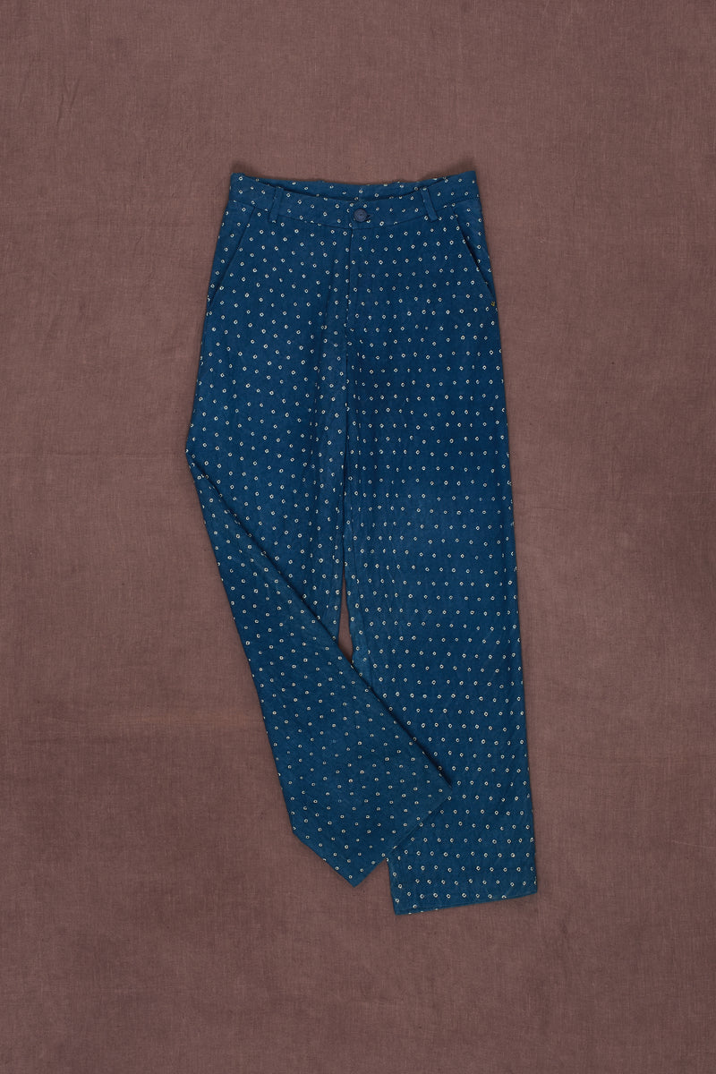 INDIGO ALL OVER BANDHANI STATEMENT COTTON TROUSERS