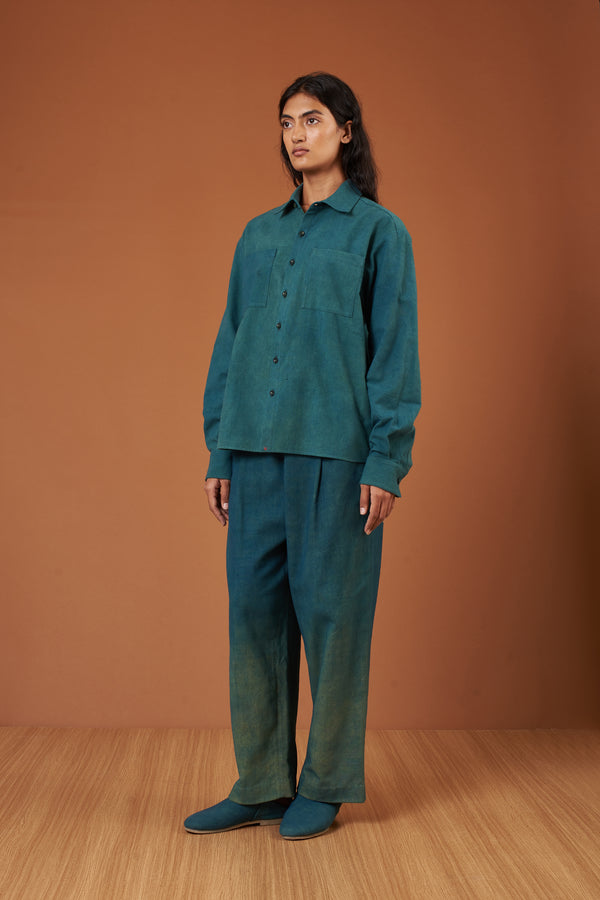 Bottle Green Solid Cotton Pleated Trousers
