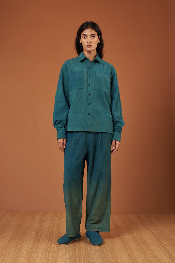 Bottle Green Solid Cotton Pleated Trousers