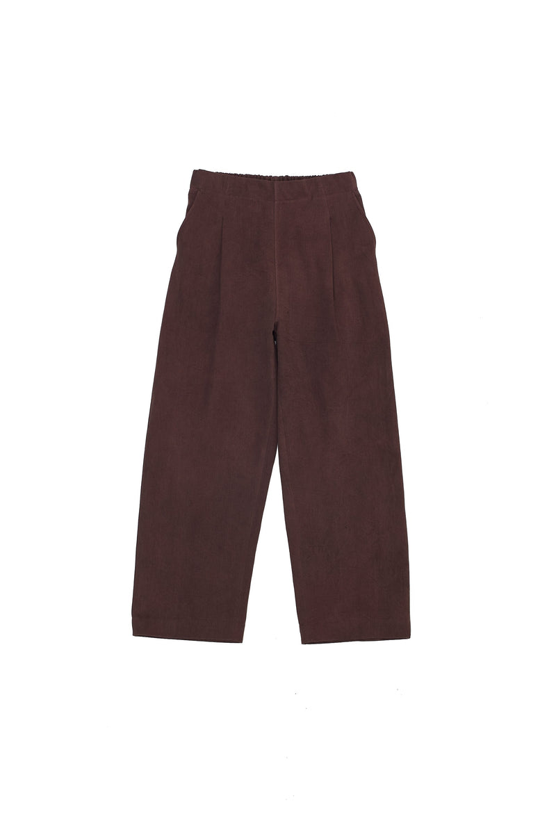 BURNT UMBER SOLID HANDSPUN DENIM PLEATED TROUSER