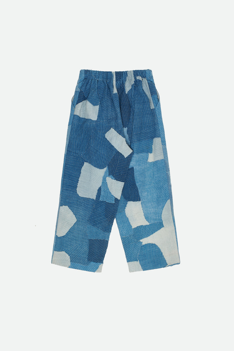 INDIGO DYED PATCHWORK ELASTIC PANTS