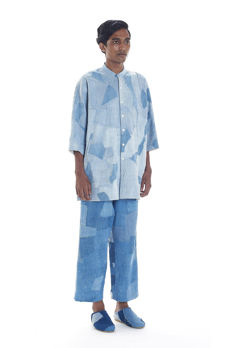 INDIGO DYED PATCHWORK ELASTIC PANTS