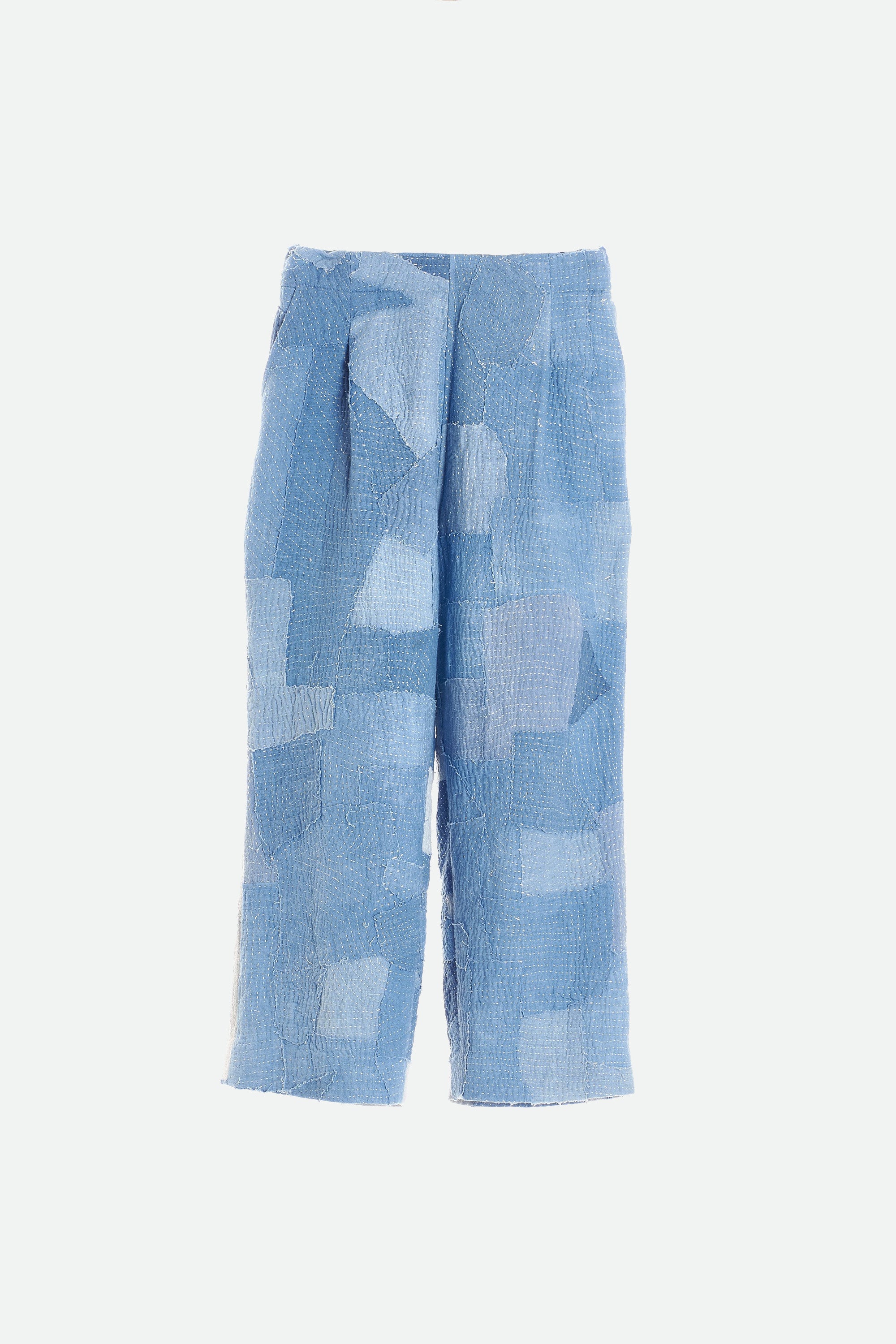 INDIGO DYED PATCHWORK ELASTIC PANTS ORGANIC COTTON