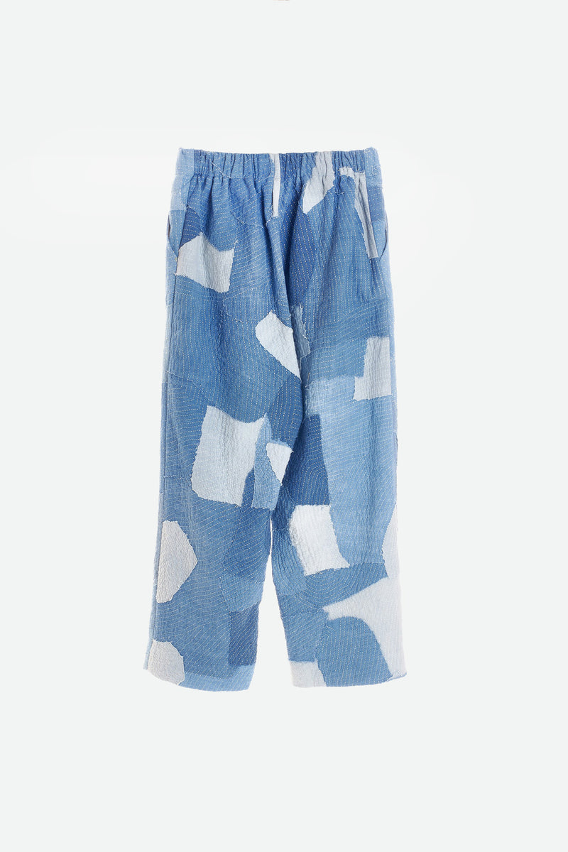 INDIGO DYED PATCHWORK ELASTIC PANTS ORGANIC COTTON