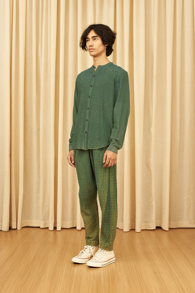 Olive Green Contrast Bandhani Soft Cotton Silk Shirt